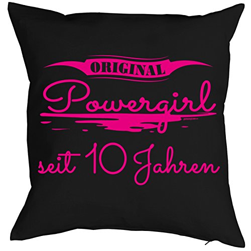 Tini - Shirts 10 Geburtstag Kissen - Kuschelkissen Kinder - Geburtstagsfeier 10.Geburtstag Mädchen : Original Powergirl seit 10 Jahren - Deko - Kissen ohne Füllung - Farbe: schwarz von Tini - Shirts