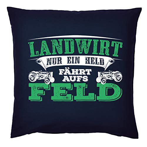 Tini - Shirts Bauer/Landwirt/Traktor Deko-Kissen - Sprüche Geschenk-Kissen Landwirtschaft : Landwirt nur EIN Held fährt aufs Feld - Deko Bauernhof - Kissen ohne Füllung - Farbe: Navyblau von Tini - Shirts