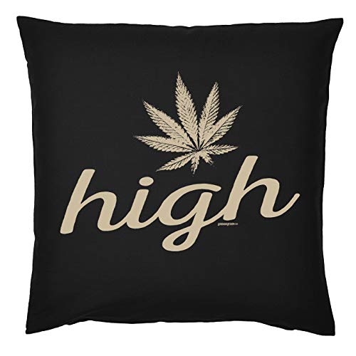 Tini -Shirts Cannabis Sprüche Kissen - Deko-Kissen Marihuana : high -- Kiffer Geschenk-Kissen Hanf / Weed - Kissen mit Füllung - Farbe: schwarz von Tini -Shirts