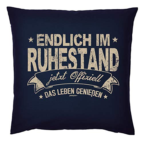 Tini - Shirts Rentner Deko-Kissen - Sprüche-Kissen Ruhestand : Endlich im Ruhestand jetzt Offiziell - Geschenk-Kissen Rente/Abschied - Kissen mit Füllung - Farbe : Navyblau von Tini - Shirts