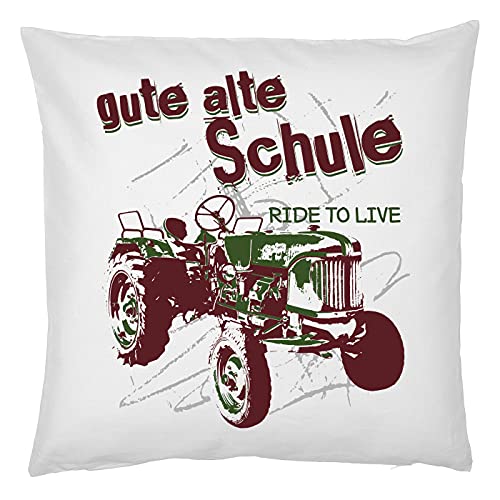 Tini - Shirts Traktor Motiv Sprüche Kissen - Sofakissen Bulldog Oldtimer : Gute alte Schule - Landwirt Geschenk-Kissen - Kissen mit Füllung - Farbe : Weiss von Tini - Shirts