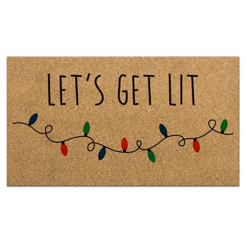 Tinideya 1 x Weihnachts-Fußmatte aus Kokosfaser, 42 x 76 cm, lustige Weihnachtsdekoration, rutschfeste Naturfaser, Kokosfaser, für Zuhause, Innen- und Außenbereich, Dekoration (Lets Get Lit) von Tinideya