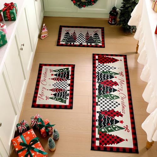 Tinideya 3-teiliges Weihnachtsbaum-Küchenteppich-Set, Weihnachtsbüffel-Küchenmatten-Set, Weihnachtsbaumteppich, waschbar, Teppich für Zuhause, Boden, Winterdekoration, 40,6 x 61 cm und 40,6 x 129,9 cm Tinideya 3-teiliges Weihnachtsbaum-Küchenteppich-Set, Weihnachtsbüffel-Küchenmatten-Set, Weihnachtsbaumteppich, waschbar, Teppich für Zuhause, Boden, Winterdekoration, 40,6 x 61 cm und 40,6 x 129,9 cm von Tinideya