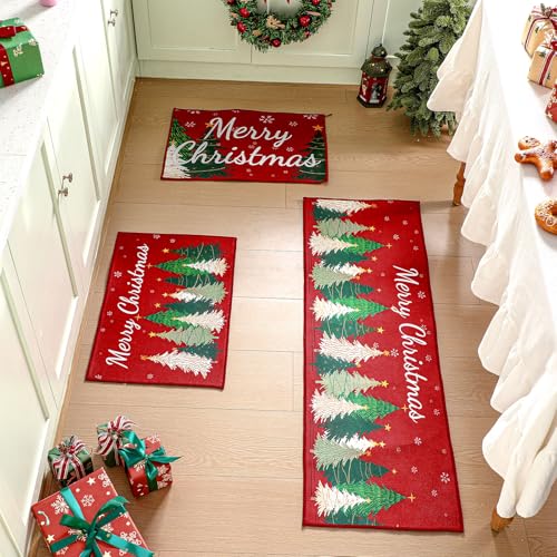 Tinideya 3-teiliges Weihnachtsbaum-Küchenteppich-Set mit weihnachtlichen Küchenmatten, waschbar, Teppich für den Winter, Heimdekoration, 40,6 x 61 cm und 40,6 x 119,9 cm von Tinideya