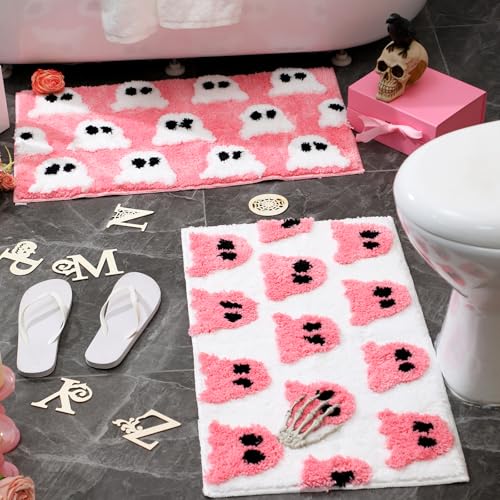 Tinideya Halloween-Badezimmerteppich, Dekoration, rosa-weiß, Geister-Badezimmermatte, Gothic-Teppich, rutschfeste Haustürmatte, Teppich für Schlafzimmer, Zuhause, Wohnzimmer, Küche, Bodendekoration Tinideya Halloween-Badezimmerteppich, Dekoration, rosa-weiß, Geister-Badezimmermatte, Gothic-Teppich, rutschfeste Haustürmatte, Teppich für Schlafzimmer, Zuhause, Wohnzimmer, Küche, Bodendekoration von Tinideya
