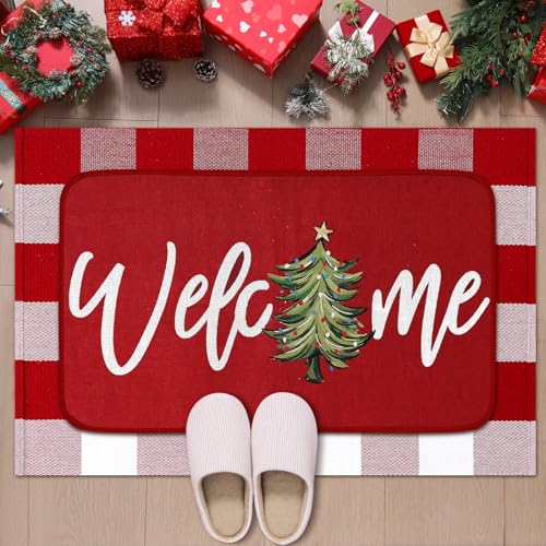 Tinideya Weihnachts-Fußmatten für den Außenbereich, Motiv: Weihnachtsbaum, Rot und Weiß, mehrlagig, rutschfeste Fußmatten für Urlaub, Veranda, Eingang, Innen- und Außenbereich, 2 Stück Tinideya Weihnachts-Fußmatten für den Außenbereich, Motiv: Weihnachtsbaum, Rot und Weiß, mehrlagig, rutschfeste Fußmatten für Urlaub, Veranda, Eingang, Innen- und Außenbereich, 2 Stück von Tinideya
