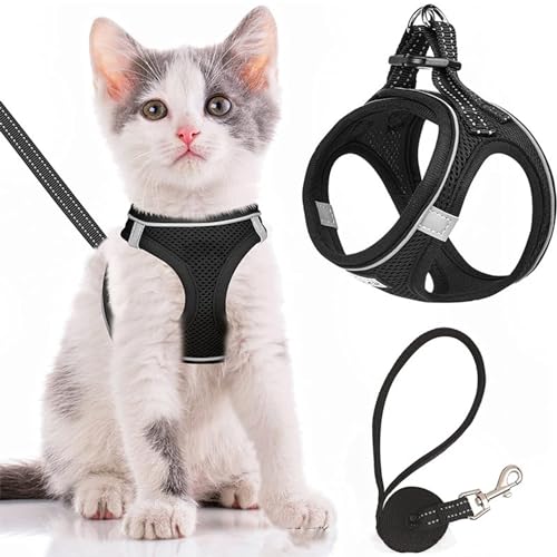 1 Packung Katzengeschirr, Outdoor-Mesh-Welpengeschirr, Verstellbares Haustiergeschirr, Haustier-Mesh-Leine, Anti-Flucht-Kätzchengeschirr, Geeignet für Katzen, Hunde (Schwarz, M) von Tinkber
