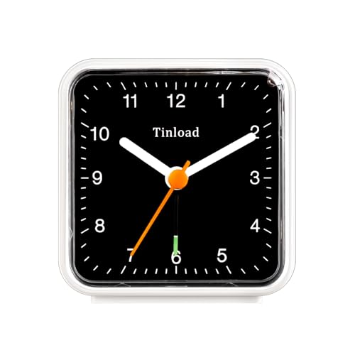 Tinload Klassischer analoger Reisewecker mit Schlummerfunktion und Licht, kompakte Größe, leises Quarzwerk, Crescendo-Alarm, weiß-schwarzes Zifferblatt von Tinload
