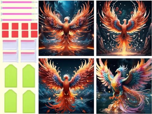 4 Stück Diamond Painting Feuer Phönix Diamant Painting Bilder Kinder, DIY 5D Diamond Painting Erwachsene Basteln Full Drill Eckige Diamant Malere für Schlafzimmer Deko Wohnzimmer Gifts 30x30cm T-1253 von Tinnoon