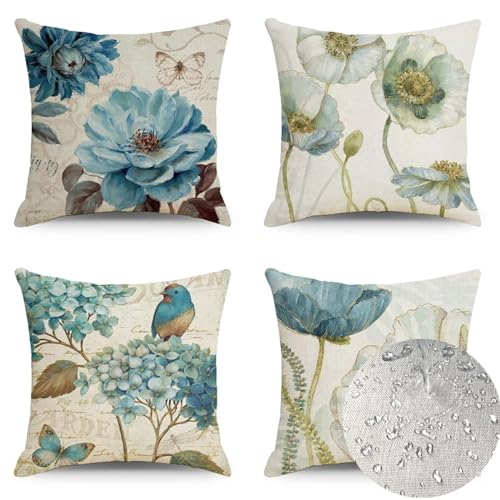 Kissenbezug 4 Stück Blau Doppelseitig Leinen Wasserdicht Outdoor Kissen 50x50 AbstractFlowers Sitzkissen Bank Kissenbezüge für Deko Patio Garten Wohnzimmer Bett Auto Kopfkissen 50x50 cm S-1317 von Tinnoon