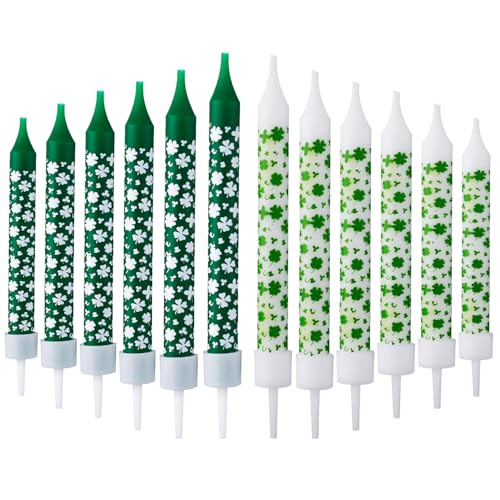 12 Stück St. Patricks Kerzen, Großer Grüner Kerzenständer Stabkerze zum St. Patricks Day Weiße und Grüne Kerze mit Vierblättrigem Kleeblatt als Partydekoration zum St. Patricks Day von Tinoaly