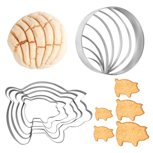 6stk Concha-Ausstecher, Mexikanische Brotform aus Edelstahl mit Ausstechform in Schweineform in 5 Größen Zweiseitiger Concha-Ausstechstempel für Brot Kekse Kuchen und Biskuits (2 Stile) von Tinoaly