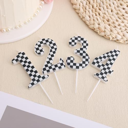 Rennauto-Geburtstagskerze, Schwarz-Weiß Zielflaggenkerzen Zahlenkerze Happy Birthday-Party-Dekoration Kuchenaufsatz für Jungen Kinder Rennauto-Thema Partyzubehör (Zahl 4) von Tinoaly
