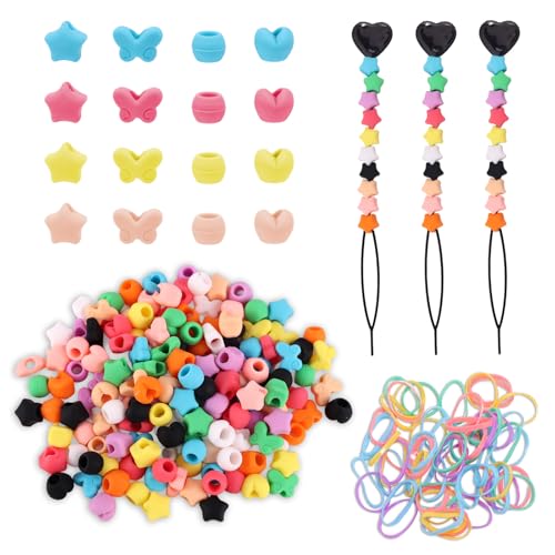 Tinoaly 160 Stück Silikon-Haarperlen für Mädchen, Bunte Regenbogen Weiche Gummi-Perlen für Zöpfe Haar Zubehör Set mit 4 Formen von Tinoaly