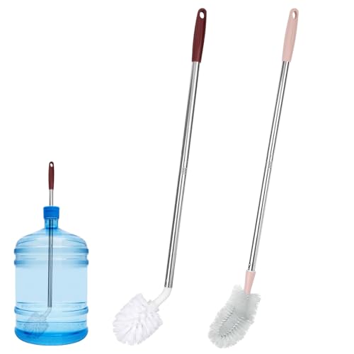 Tinoaly 2 Stück Wasser Flaschenbürsten mit Langem Griff, 1 Rote Runde und 1 Rosa Flache Extra Lange Eimerbürste zum Reinigen von Wasserflaschen Gallonenkrügen und Schwer Erreichbaren Behältern von Tinoaly