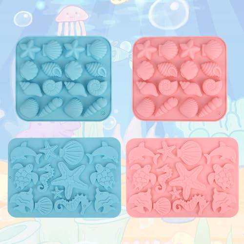 Tinoaly 4 Stück Kuchen-Fondantformen mit Meeresmotiven, Blau und Rosa Silikonform Ozean Backzubehör für Selbstgemachte Kuchen Schokolade Süßigkeiten Polymerton Bastelprojekte von Tinoaly