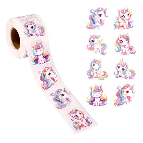 Tinoaly 500stk Einhorn-Aufkleberrolle, Niedliche Cartoon-Etiketten zum Selbermachen Selbstklebende Einhorn-Aufkleber für Wasserflaschen Laptop Sammelalbum Umschlagsiegel Partygeschenke (8 Designs) von Tinoaly