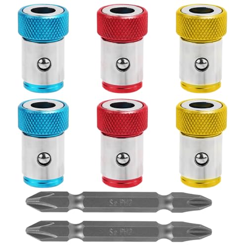 Tinoaly 6stk Magnetische Schraubringhalter mit 2stk Ph2-Schraubendreherbits, Abnehmbar Magnetischer Bithalter für 6,35-mm-Sechskantschraubendreher und Power-Bits von Tinoaly