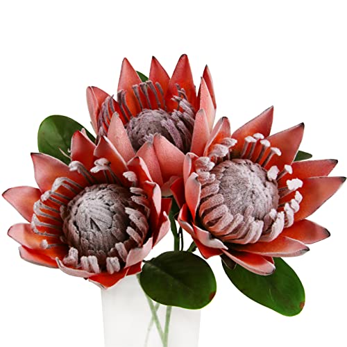 Tinsow Künstliche Protea Cynaroides für Blumenarrangements, Kunstprotea für Tischdekoration, Tafelaufsätze, 3 Stück Seidenprotea-Blumenstrauß für Hochzeit (3, Orange) von Tinsow