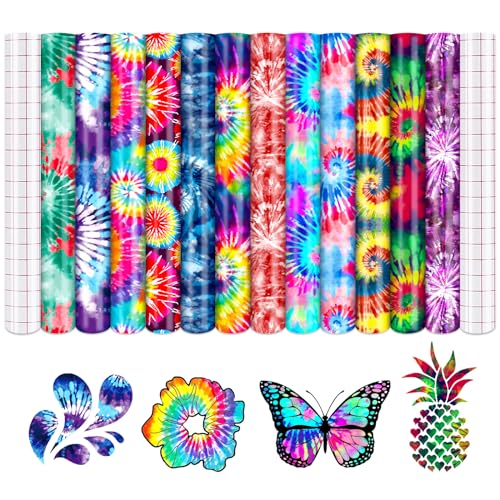 Tintnut Vinylfolie Plotter, 12Pack 30cmx 25cm Krawattenfarbe Plotterfolie Vinyl mit 2 Transferfolie Plotter für Cricut von Tintnut