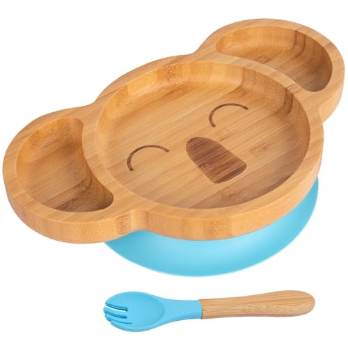 Tiny Dining 2pc Blau Bambus-Koala-Baby-Entwöhnungsteller & Gabelsatz - Hölzern Geteilt Kleinkind Kinder Essen Fütterung Tablett - Silikon Saugnapf von Tiny Dining