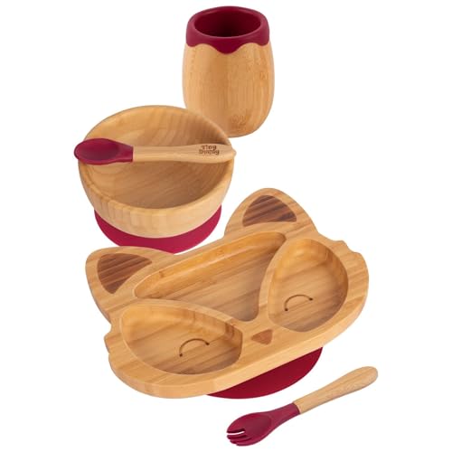 Tiny Dining 5pc Rot Bambus-Fuchs-Baby-Entwöhnungsset - Kleinkind Kinder Essen Fütterung Teller Platte Schüssel Löffel Besteck - Silikon Saugnapf von Tiny Dining