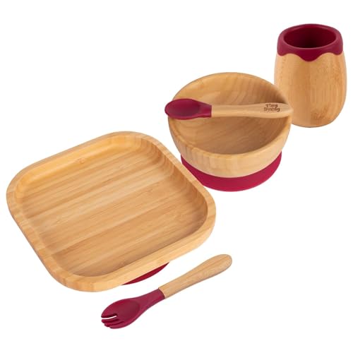 5pc Rot Bambus-Quadratische-Baby-Entwöhnungsset - Kleinkind Kinder Essen Fütterung Teller Platte Schüssel Löffel Besteck - Silikon Saugnapf - Von Tiny Dining von Tiny Dining
