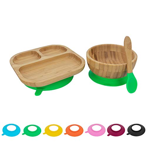 Tiny Dining Kinder Bamboo Geschirr Set - Teller, Schüssel, Löffel mit Aufenthalt Put Saug - Grün von Tiny Dining