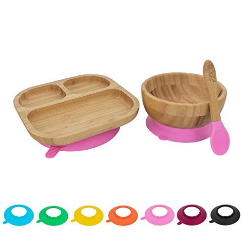 Tiny Dining Kinder Bamboo Geschirr Set - Teller, Schüssel, Löffel mit Aufenthalt Saug Put - Pink von Tiny Dining