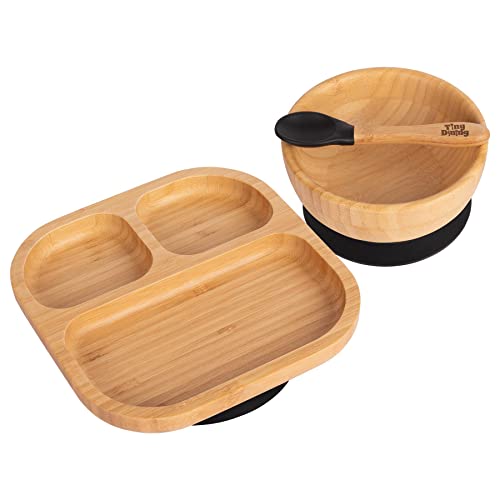 Tiny Dining Kinder Bamboo Geschirr Set - Teller, Schüssel, Löffel mit Aufenthalt Saug Put - Schwarz von Tiny Dining