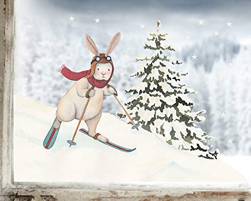 TinyFoxes Fensterbild Ski-Hase - selbstklebend und wiederverwendbar - Fensterbild für den Winter - handgezeichnet von Kristin Franke von TinyFoxes