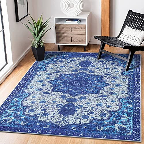 Tinyboy-hbq Teppich Wohnzimmer Kurzflor Teppich Schlafzimmer Vintage Teppich rutschfest Weich Großer Teppiche Orientalisches Design (Blau, 120 x 160 cm) von Tinyboy-hbq