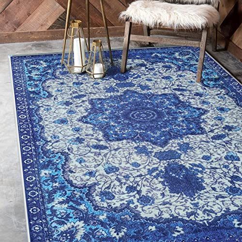 Tinyboy-hbq Teppich Wohnzimmer Kurzflor Teppich Schlafzimmer Vintage Teppich rutschfest Weich Großer Teppiche Orientalisches Design (Blau, 80 x 120 cm) von Tinyboy-hbq