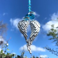 Silberfarbener Metall Engel Flügel Sonnenfänger Mobile ~ Türkis Blau Trauer Verlust Oder Schutz Haus Fenster Dekor von Tinylittlesparrow