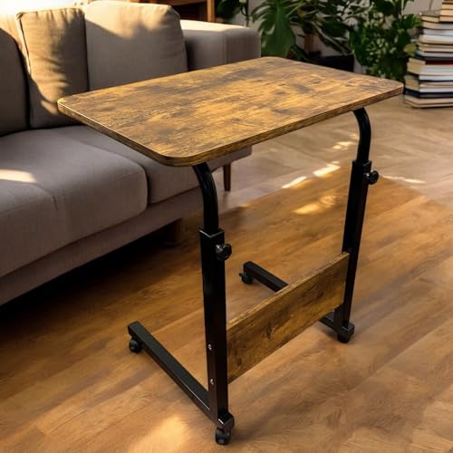 Tinymod Verstellbarer mobiler C-förmiger Tisch, 23,6 Zoll tragbarer Laptop-Schreibtisch mit Rollen, Beistelltisch für Bett, Couch oder Büro, rustikales Braun von Tinymod