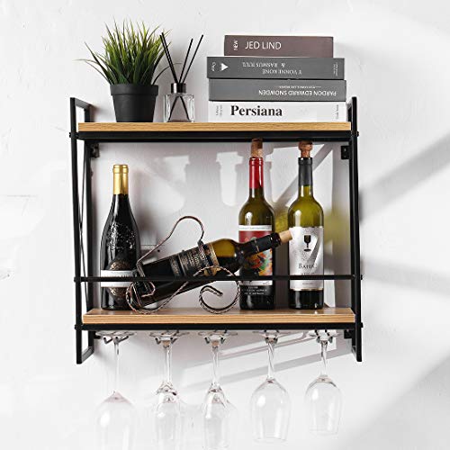 Tinyuet Weinregal Wand mit Glashalter, 55×51cm Rustikaler Metall-Weinhalter, 2-stufiges Holz-Weinregal mit 5 Weinglashaltern, Wandmontage Weinregal für Küche, Zuhause von Tinyuet