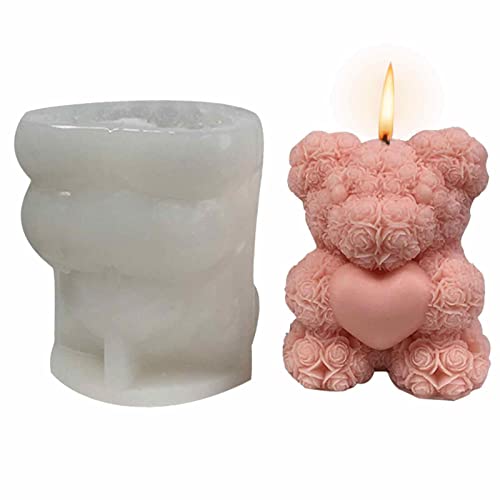 Tioheam Rose Teddybär Silikonform, Candle Silikonform, Blumenbär Eisform 3D Teddybär Form Silikon Kerze Seifenherstellung Form von Tioheam
