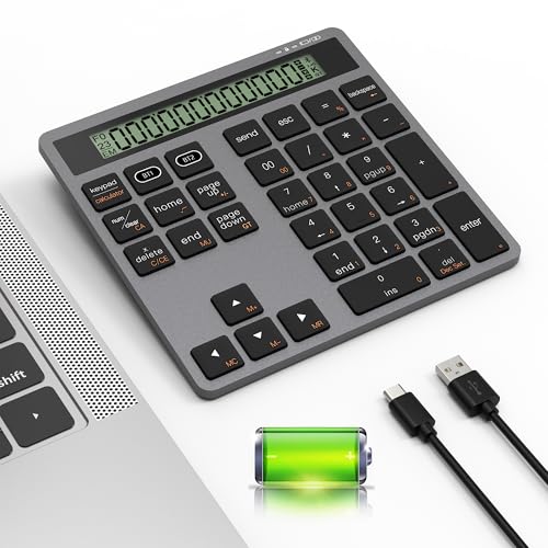 Bluetooth Nummernblock Taschenrechner Wiederaufladbar - 2-in-1 Kabelloser & Kabelgebundener Ziffernblock 34 Tasten mit Display-Rechner,Typ-C-Kabel und Dual Bluetooth für MacBook Laptops PC Smartphones von Tioleje