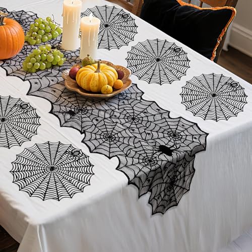Halloween-Tischläufer-Set, 38,1 cm, Spinnennetz-Platzsets und schwarze Spitze, Spinnennetz-Tischläufer, rund, Wärmeisolierung, Platzsets für Abendessen, Halloween, gruselige Party, Tischset Halloween-Tischläufer-Set, 38,1 cm, Spinnennetz-Platzsets und schwarze Spitze, Spinnennetz-Tischläufer, rund, Wärmeisolierung, Platzsets für Abendessen, Halloween, gruselige Party, Tischset von Tioncy