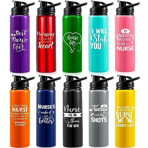Tioncy 10 Stück Krankenschwester Wertschätzung Geschenk Wiederverwendbare Aluminium Wasserflasche Bulk Multicolor Sport Flasche mit Deckel Isolierte Flaschen Dankeschön Geschenke für Krankenpflege von Tioncy