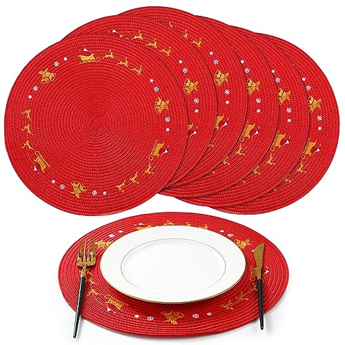 Tioncy Weihnachtliche Platzsets aus Kunststoff, rund, Schneeflocke, Rot, 34 cm, Winter-Rentier, Tischset, Weihnachtsbaum-Tischset, waschbar, Platzset für Urlaub, Küche, Esstisch (Rentier) von Tioncy