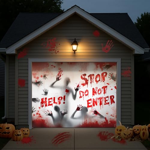 Tioncy Halloween-Garagentor-Banner-Dekorationen, 2,3 x 2,1 m, einzelne Garagentorabdeckung, gruseliger Geist und blutige Handabdrücke, Dekor mit Ösen, "Do Not Enter" Banner für von Tioncy