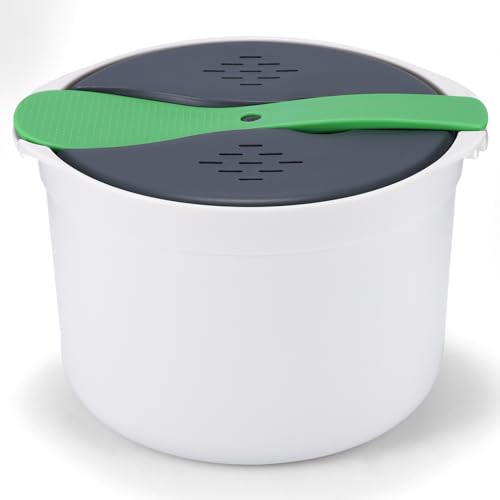 Mikrowellen-Reiskocher, 2 l Mikrowellen-Dampfgarer, Mikrowellen-Nudelkocher, Reiskocher und Dampfgarer mit Reisschaufel und Sieb, Mikrowellentopf für Fleisch, Nudeln, Kartoffeln, Gemüse von TiooDre