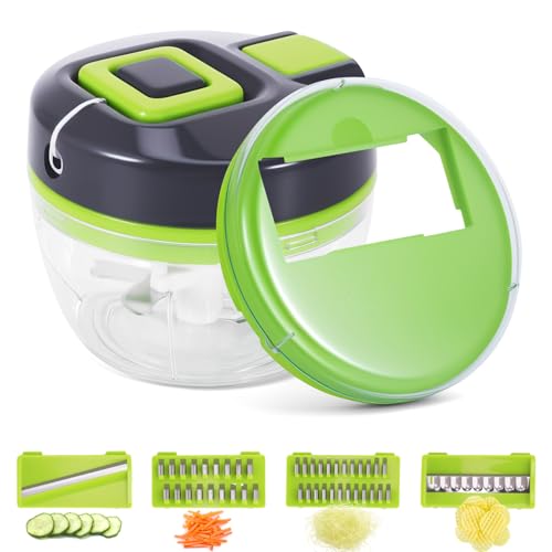 Zwiebel Zerkleinerer Manuell, 520ml Zwiebelschneider 5 in 1 Multifunktions Vegetable Chopper mit 4 Klingen Und 1 Mixer, Gemüseschneider Manuell für Zwiebeln/Gemüse/Nüsse/Obst/Paprika/Fleisch von TiooDre