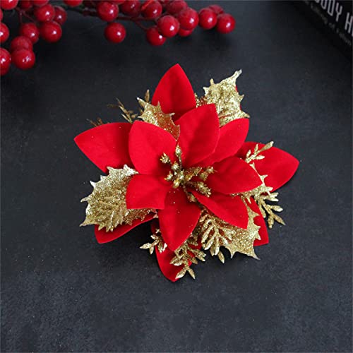 Tiowo 24 Stück Glitter Weihnachtsstern Blume Künstliche Weihnachten Blumen Floral Zubehör für Weihnachten Baum Ornamente Kranz Girlande Dekoration (Rot) von Tiowo