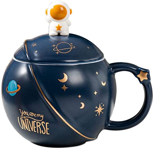 Tiowo Kreative Astronaut Becher mit Deckel und Löffel, Neuheit Raum Design Keramik Kaffeetassen Tee Milch Tasse 400ml (Tiefe Blau) von Tiowo