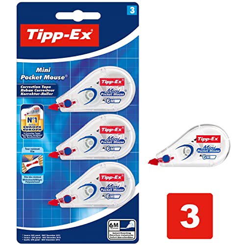 Tipp-Ex Korrekturroller Mini Pocket Mouse, 6m x 5mm, 3er Pack, Ideal für das Büro, das Home Office oder die Schule von Tipp-Ex