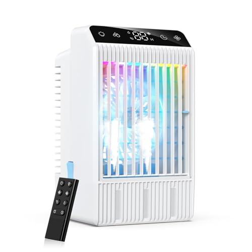 Klimaanlage Mobil mit Display, 1000 ml Tragbare Mini Klimaanlage, 4-in-1-Luftkühler, Fernbefeuchter Timing Klimagerät mit Dual-Spray & 7-Farben-Licht, 4 Geschwindigkeiten Camping Klimaanlage von Tiptop Home