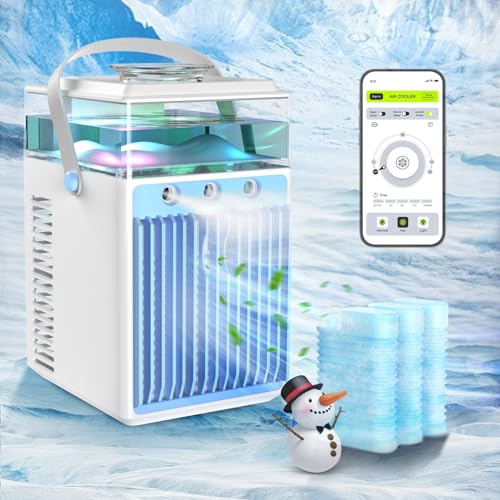 Mini Klimageräte Luftkühler, 4 in 1 USB Tragbare Mobile Klimaanlage mit 6-Eiskästen and App-Steuerung,3 Geschwindigkeits Mini Verdunstungs Klimagerät Air Cooler für Hause, Büro,Reise von Tiptop Home