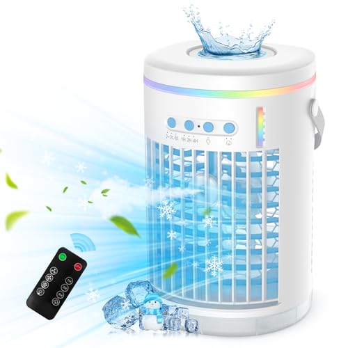 Mobile Klimageräte Mini Luftkühler,1400ML Tragbare Mini-Klimaanlage und Luftbefeuchter mit Fernbedienung,3 Geschwindigkeits Mini Verdunstungs Klimagerät Air Cooler für Hause,Büro,Reisen (Milk Blue01) von Tiptop Home